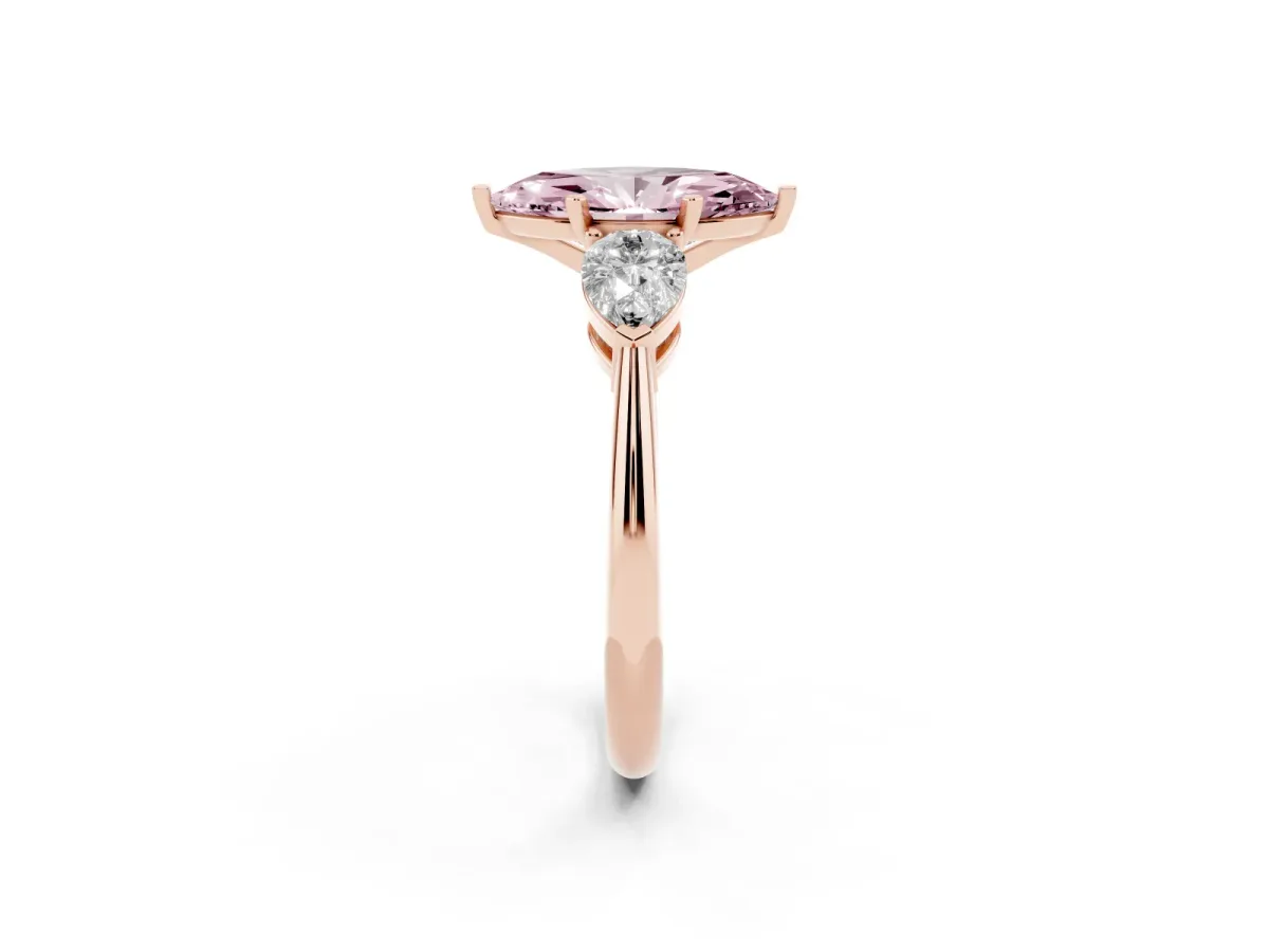 Fancy Pink Three-Stone Marquise Cut Diamond Ring with Pear Side Stones and Four-Prong Setting Rose gold