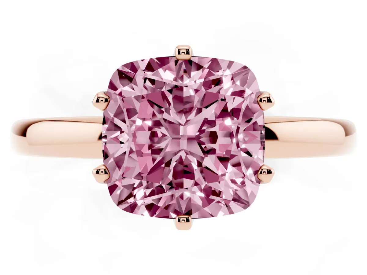 Fancy Pink Cushion Cut Solitaire Diamond Ring with Six-Prong Setting on a Classic Band Rose gold