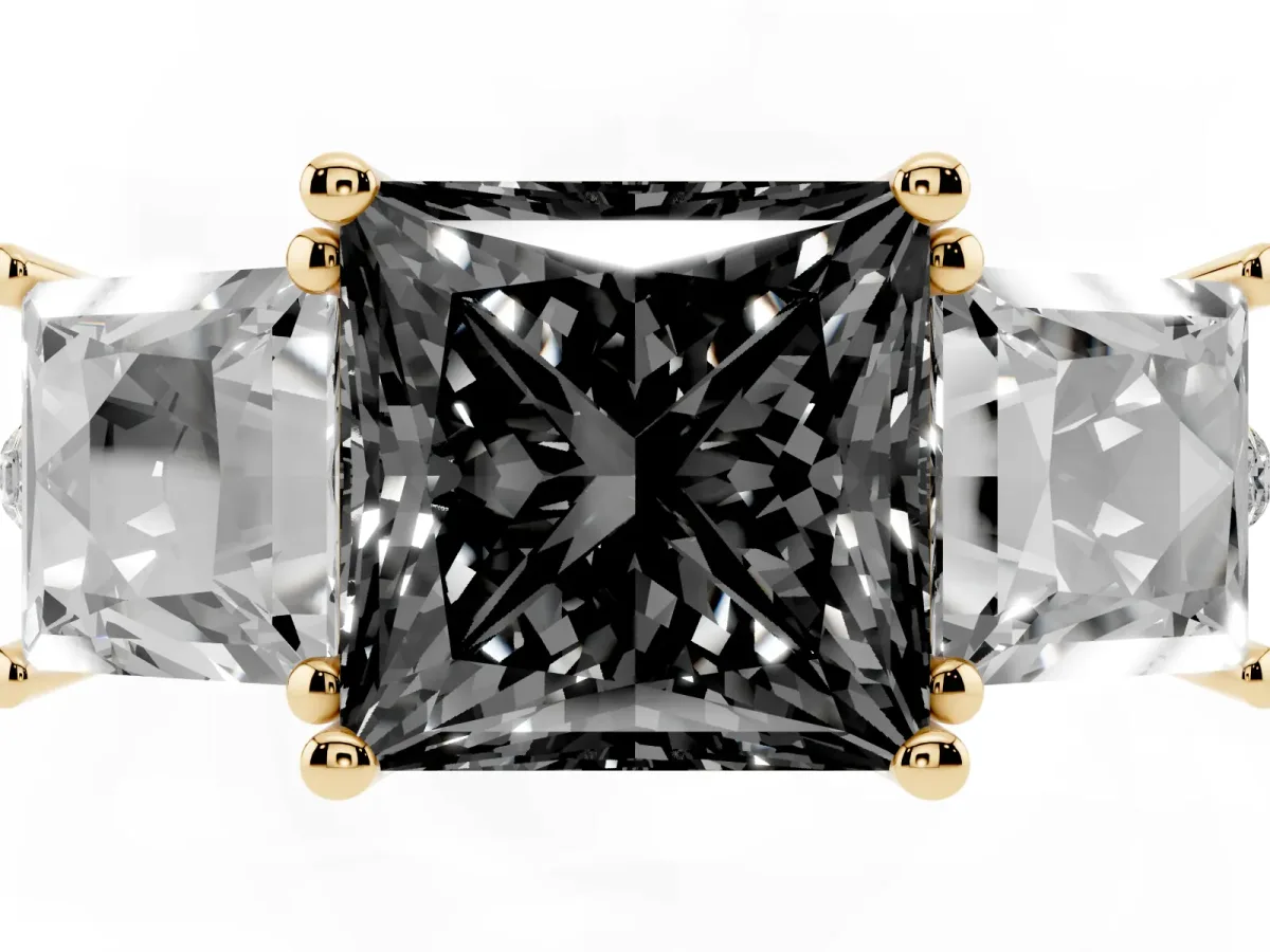 Fancy Black Three-Stone Princess Cut Diamond Ring with Round Pavé Band and Prong Setting Yellow gold