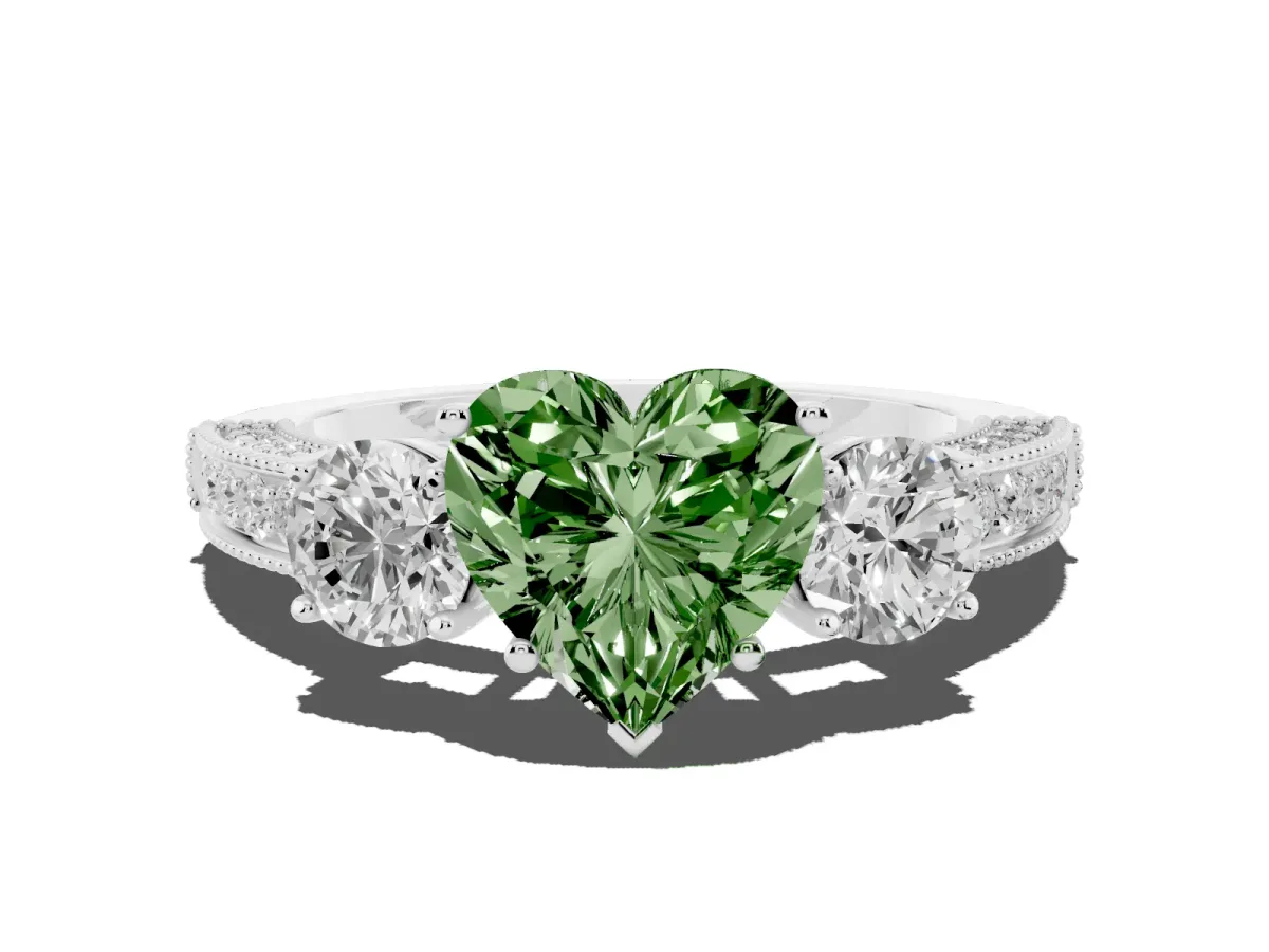 Fancy Green Heart Cut Three-Stone Diamond Ring with Pavé Band and Four-Prong Setting Silver