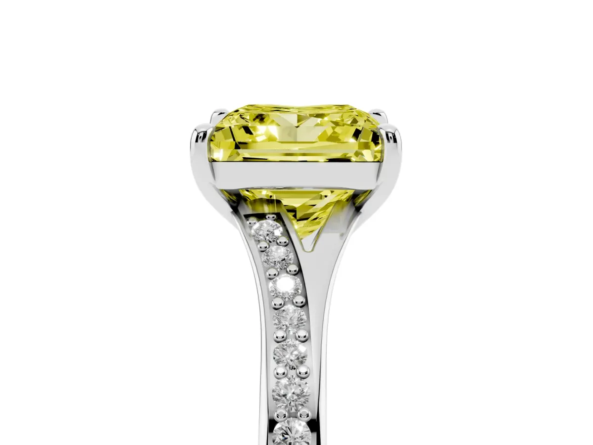 Fancy Yellow Princess Cut Diamond Solitaire Ring with Pavé Band and Prong Setting Silver