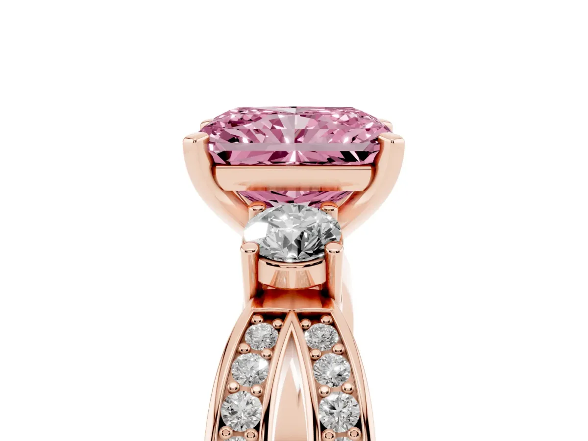 Fancy Pink Three-Stone Radiant Cut Cut Diamond Twist Band with Prong Setting Rose gold