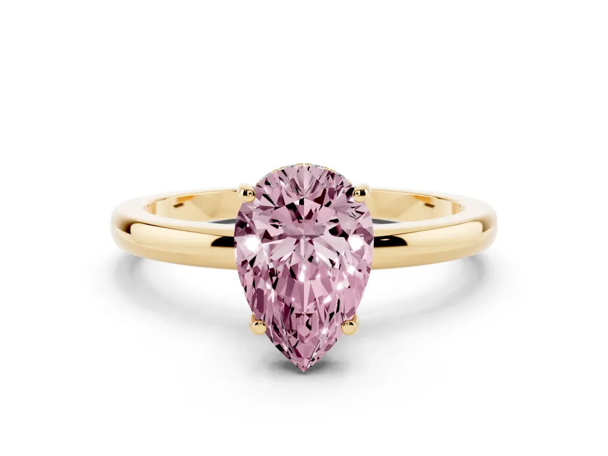 Fancy Pink Pear Cut Solitaire Diamond Ring with Prong Setting and Plain Band Yellow gold