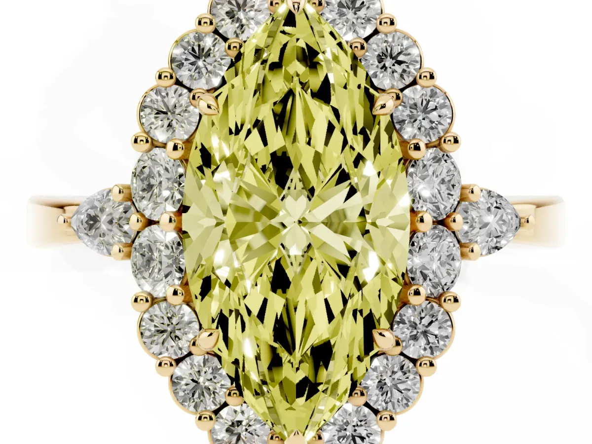 Fancy Yellow Marquise Cut Diamond Halo Ring with Pear Side Stones and Prong Setting Yellow gold