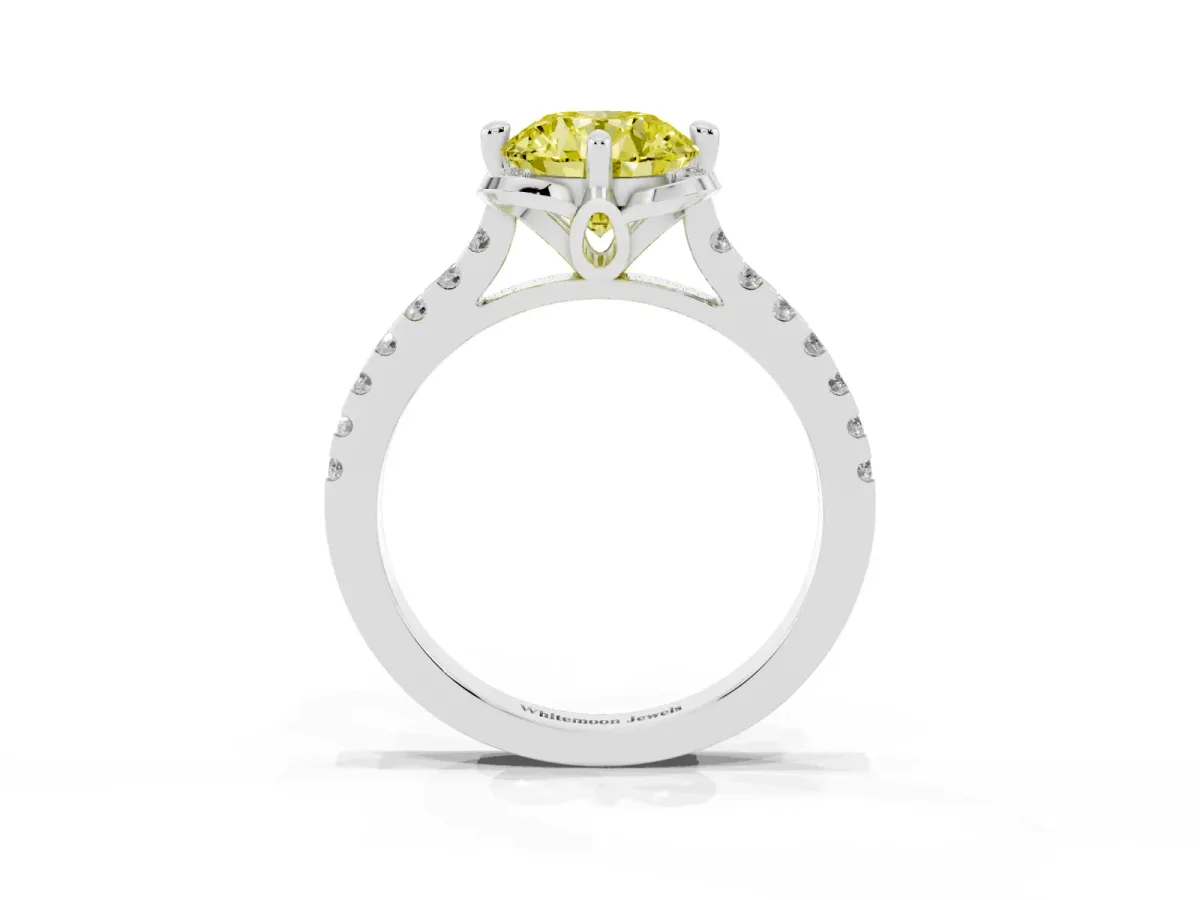 Fancy Yellow Round Cut Diamond Ring with Pavé Band and Floral Prong Setting White gold