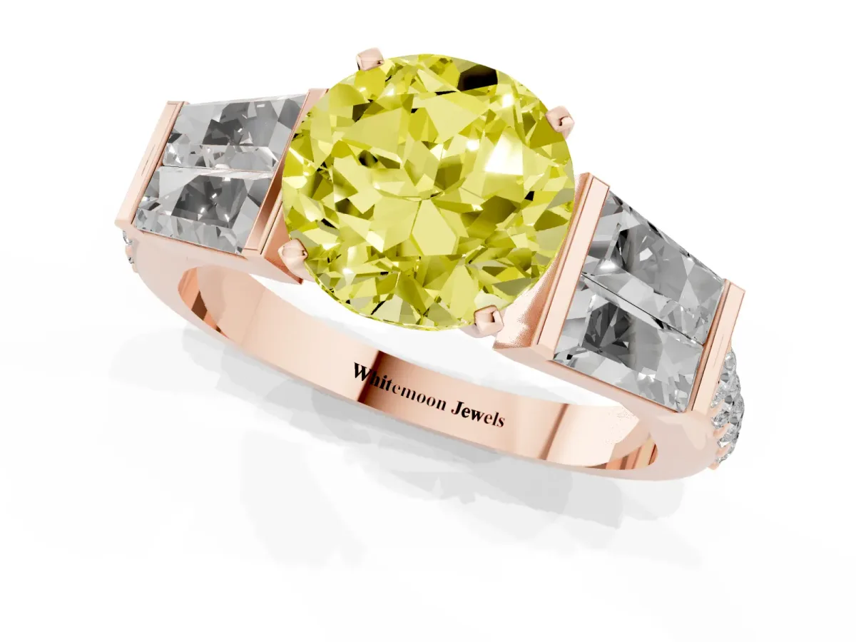 Fancy Yellow Round Cut Diamond Engagement Ring with Baguette Side Stones and Channel Set Band Rose gold