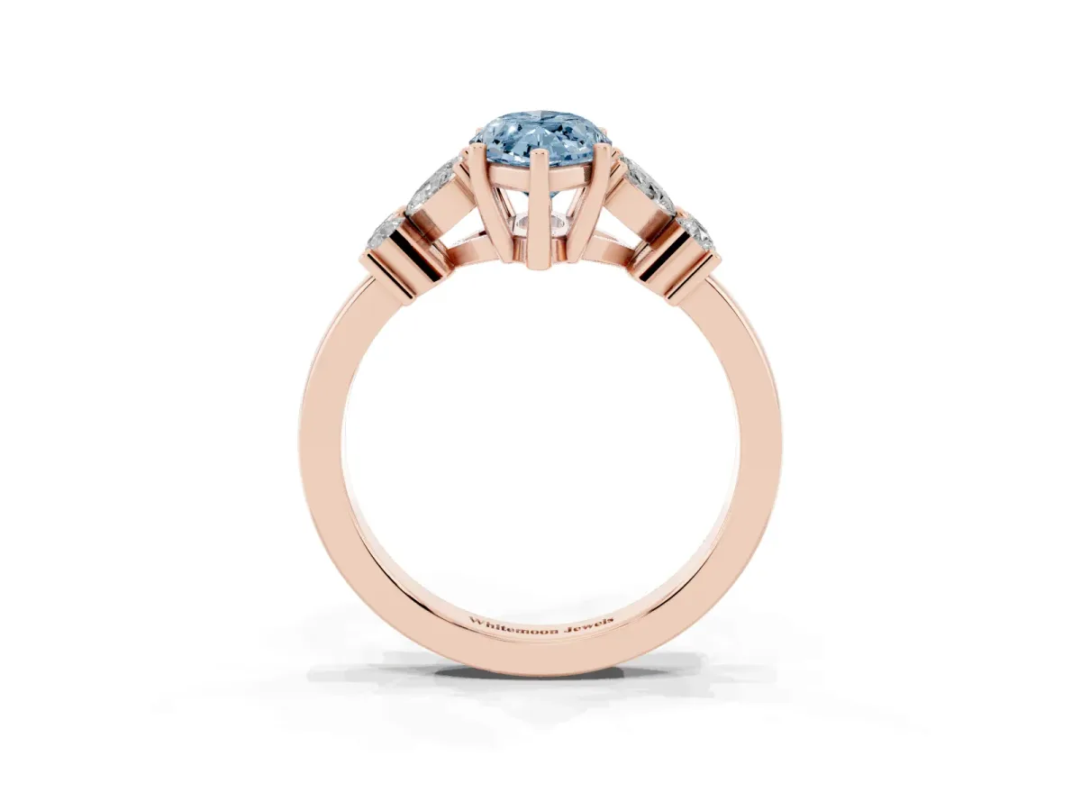 Fancy Blue Marquise Cut Diamond Floral Cluster Ring with Solitaire Band and Prong Setting Rose gold
