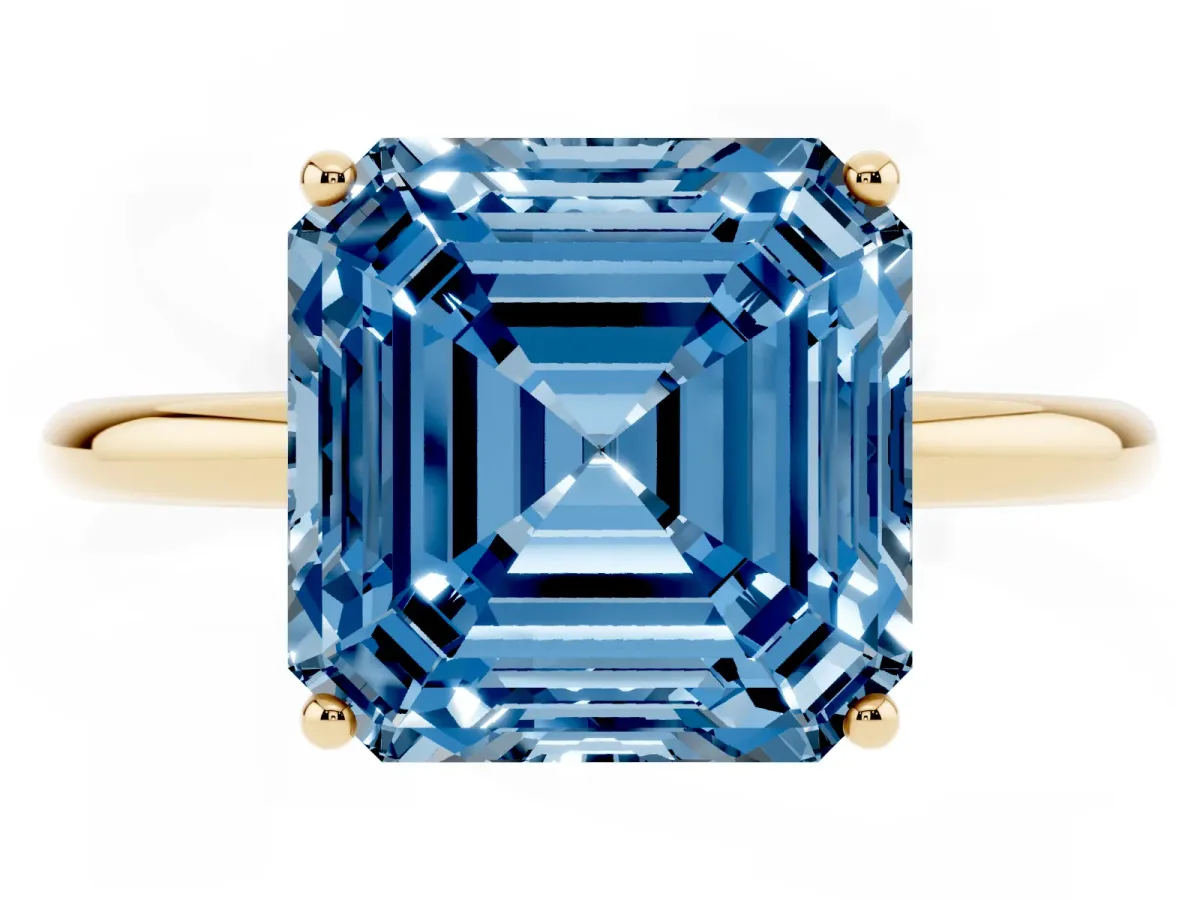 Fancy Blue Asscher Cut Solitaire Diamond Ring with a Classic Band and Four-Prong Setting Yellow gold