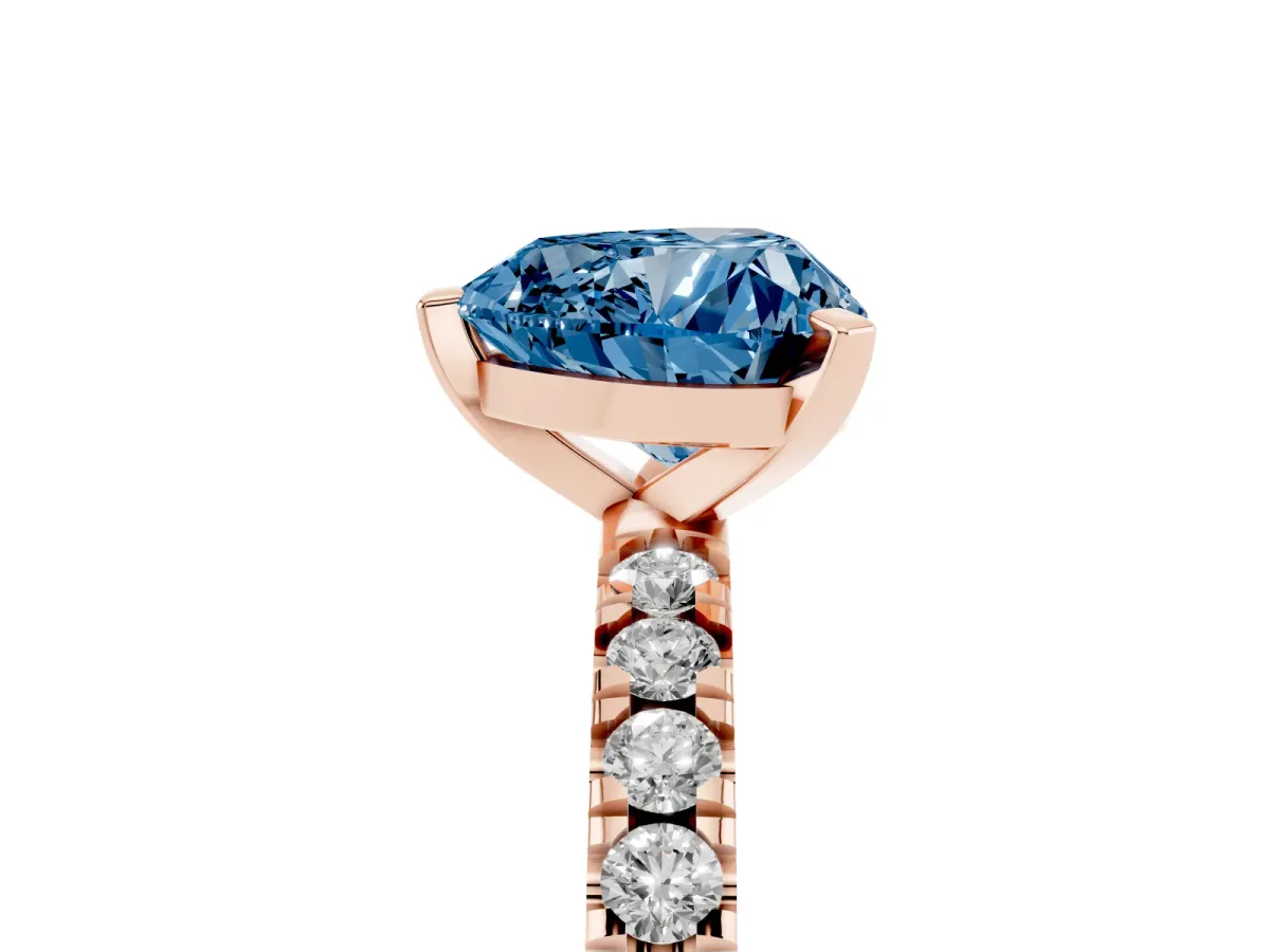 Fancy Blue Heart Cut Diamond Pavé Band Solitaire with Four-Prong Setting Rose gold