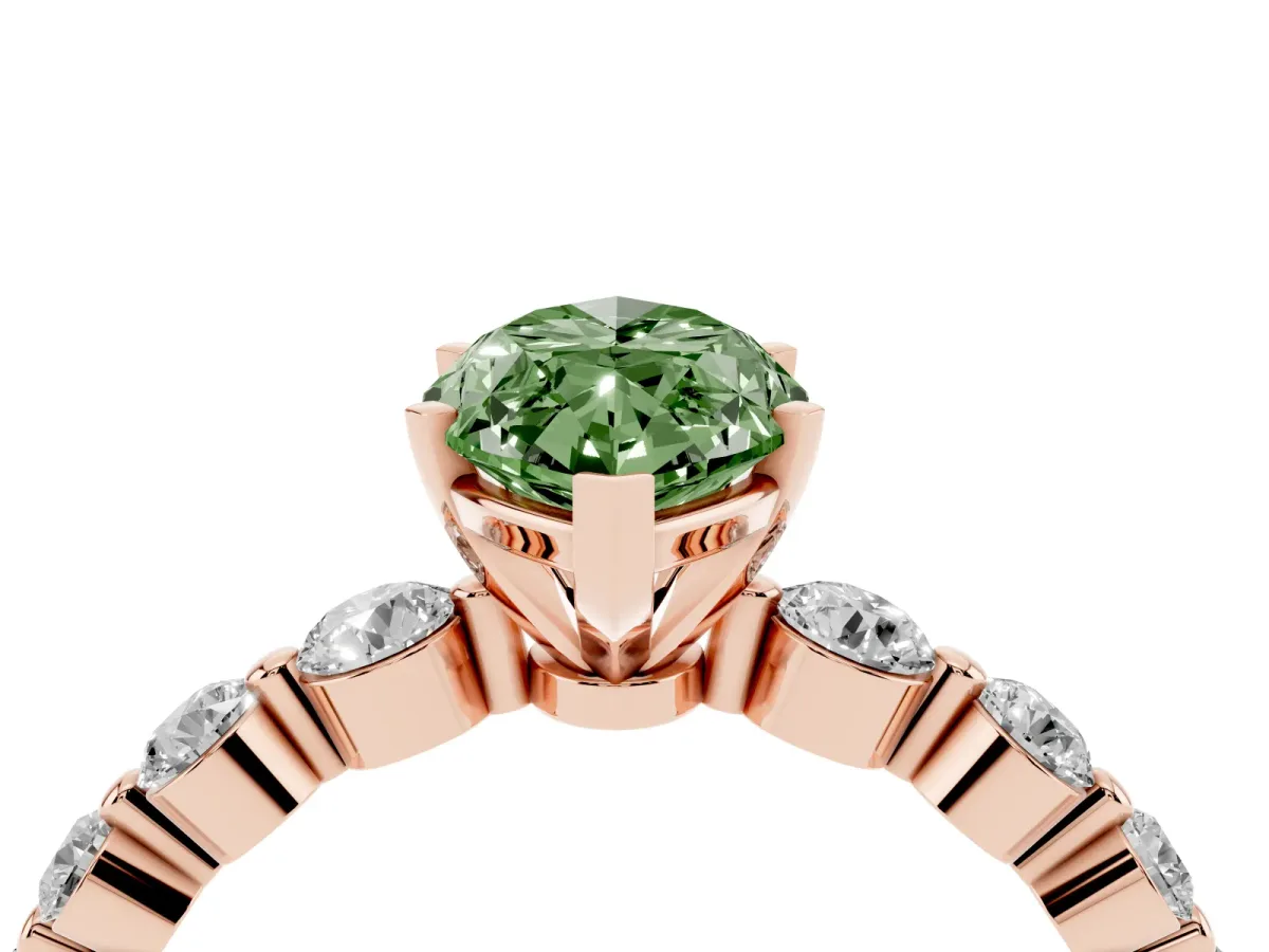 Fancy Green Marquise Cut Solitaire Diamond Ring with Pave Band and Four-Prong Setting Rose gold