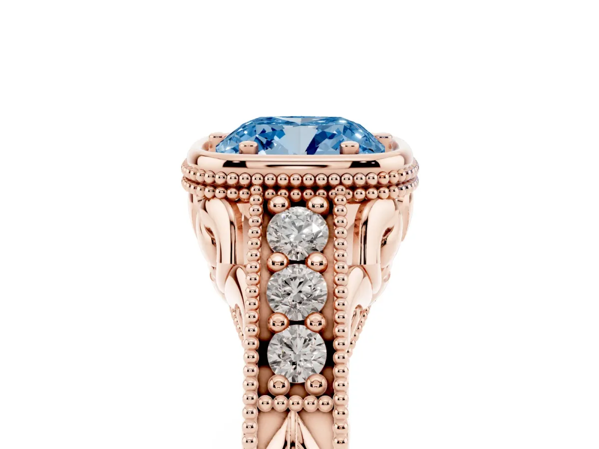 Fancy Blue Bezel Set Cushion Cut Diamond Milgrain Pave Engagement Ring Rose gold