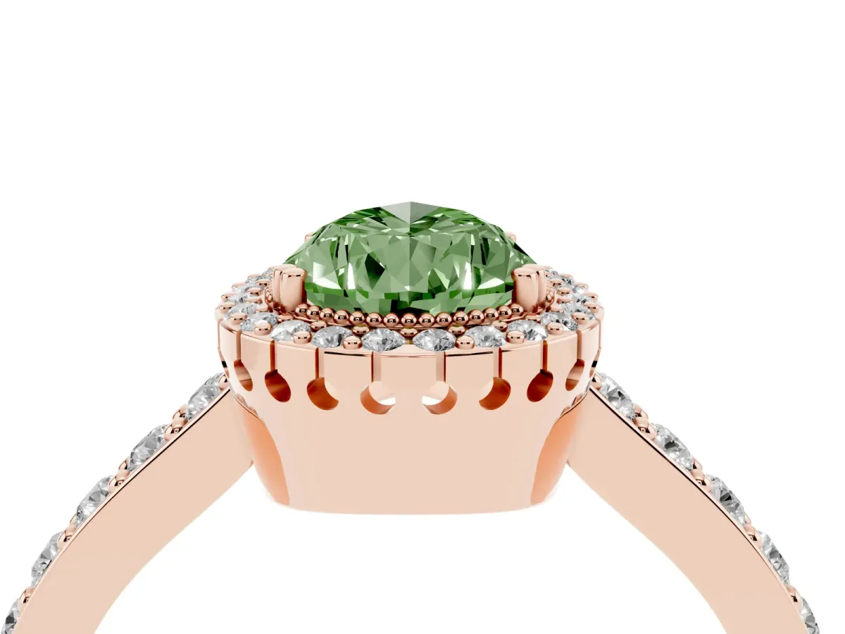 Fancy Green Pear Cut Cut Diamond Halo Engagement Ring with Milgrain Detail and Pavé Band Rose gold