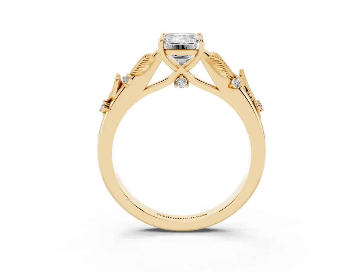 Emerald Cut Diamond Solitaire Ring with Leaf Motif Band and Four-Prong Setting Yellow gold