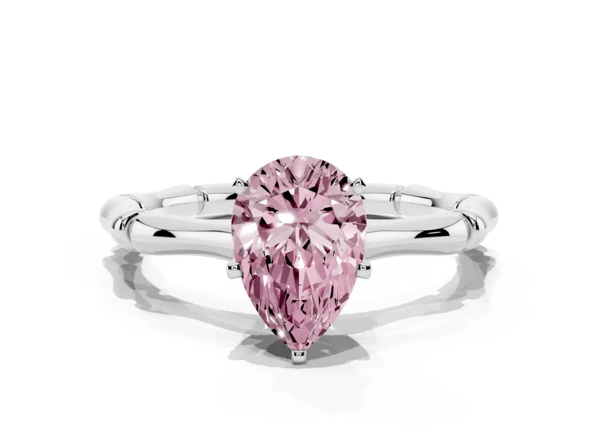 Fancy Pink Pear Cut Solitaire Diamond Ring with Bamboo Band and Four-Prong Setting Platinum