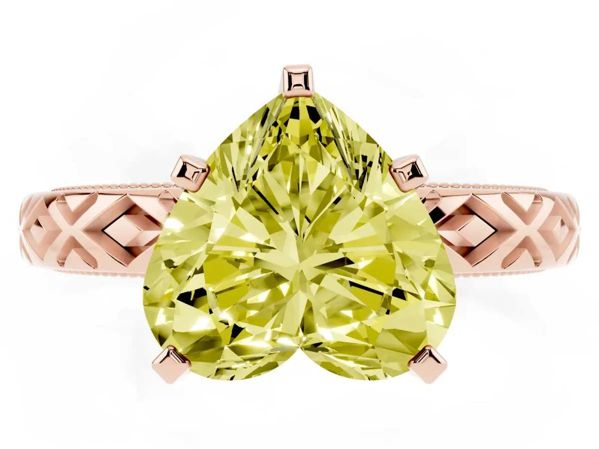 Fancy Yellow Heart Cut Solitaire Diamond Ring with Milgrain and Black Enamel X Pattern Band Rose gold