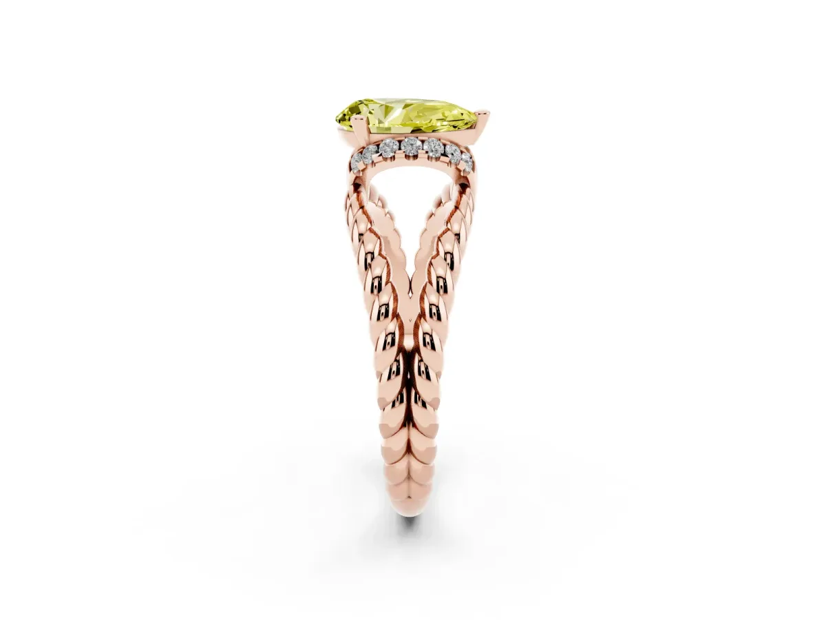 Fancy Yellow Pear Cut Halo Twisted Band Four-Prong Ring Rose gold