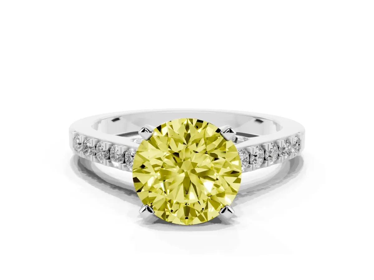 Fancy Yellow Round Cut Diamond Solitaire Ring with Crossover Gallery and Round Pavé Band Silver
