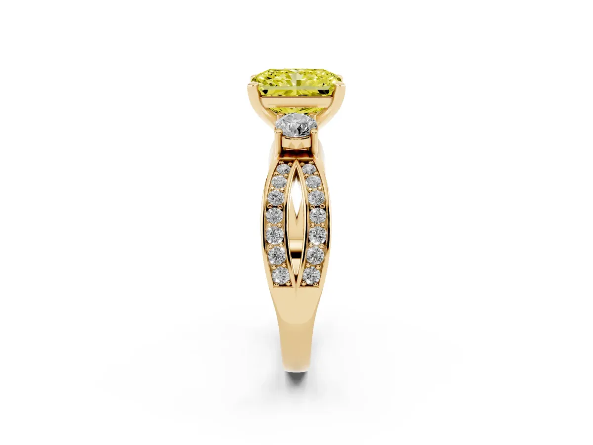 Fancy Yellow Three-Stone Radiant Cut Cut Diamond Twist Band with Prong Setting Yellow gold