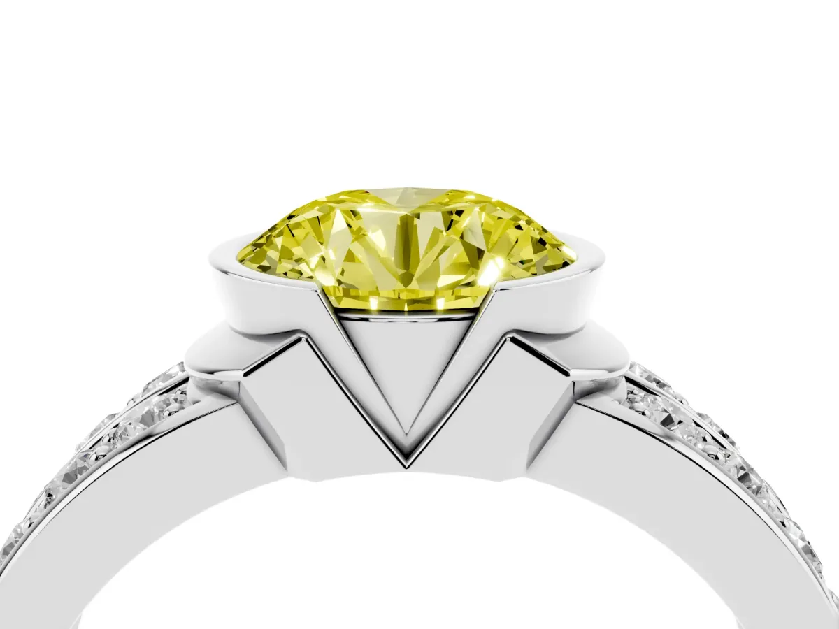 Fancy Yellow Round Cut Brilliant Diamond Channel Set Wide Band Ring with Bezel Setting White gold