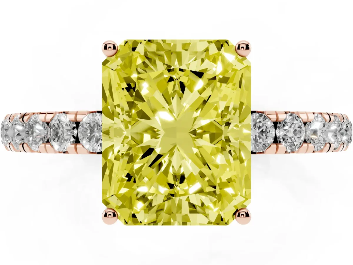 Fancy Yellow Radiant Cut Diamond Pavé Solitaire Engagement Ring with Four-Prong Setting Rose gold