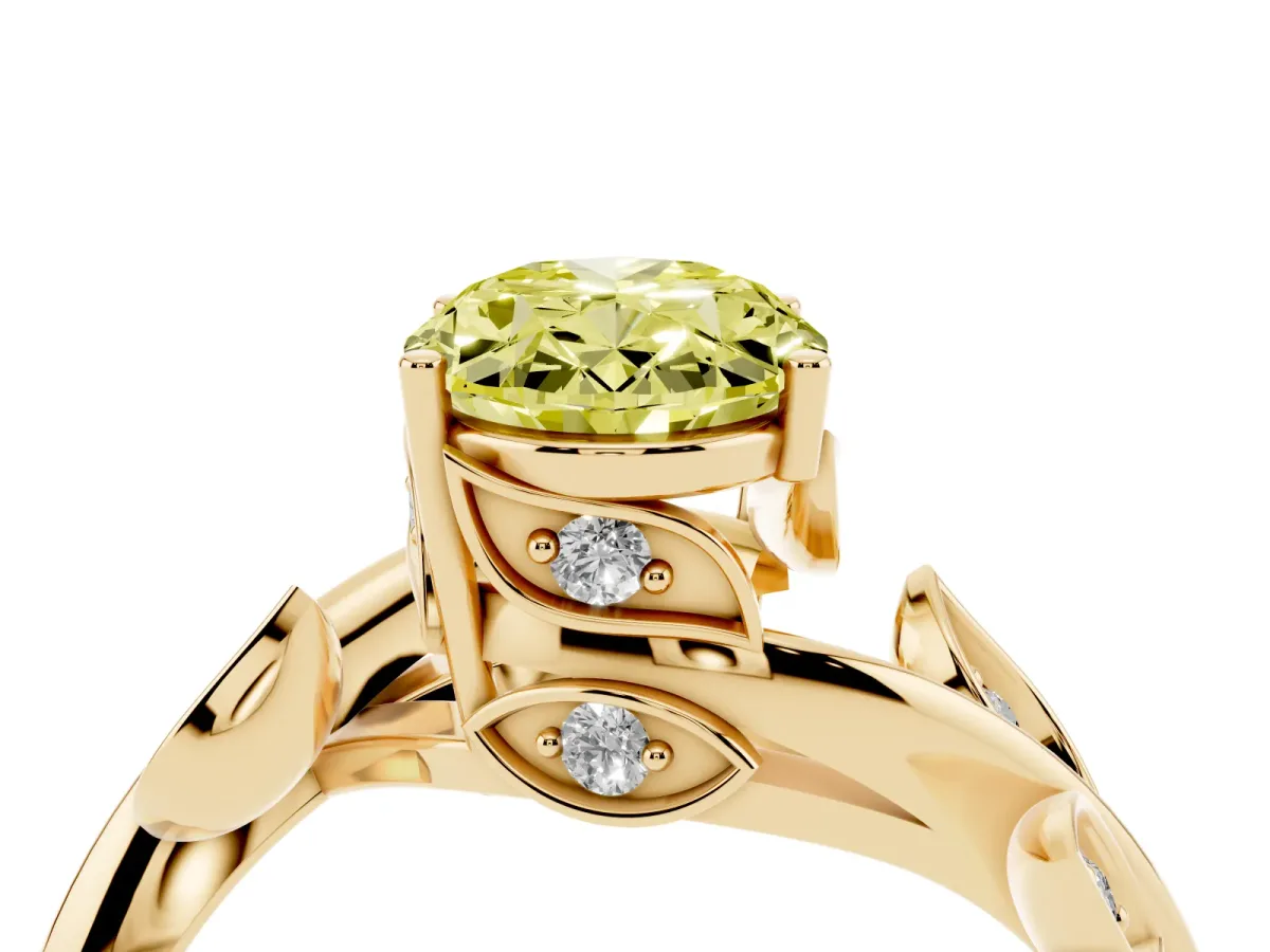 Fancy Yellow Oval Cut Solitaire Twist Engagement Ring with Leaf Accents and Prong Setting Yellow gold