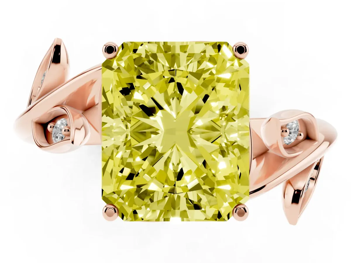 Fancy Yellow Radiant Cut Solitaire Twist Engagement Ring with Leaf Accents and Prong Setting Rose gold