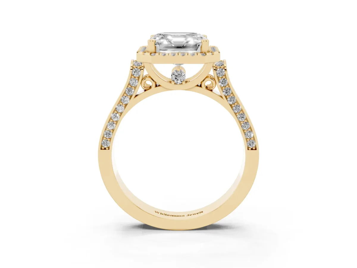 Asscher Cut Halo Pave Split Shank Prong Setting Ring Yellow gold