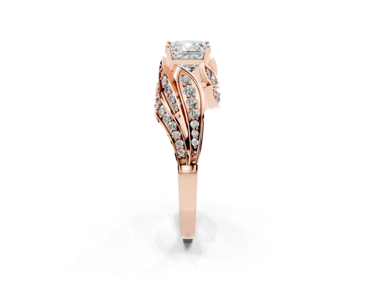 Cushion Cut Diamond Solitaire Ring with Prong Setting and Twisted Pavé Band Rose gold