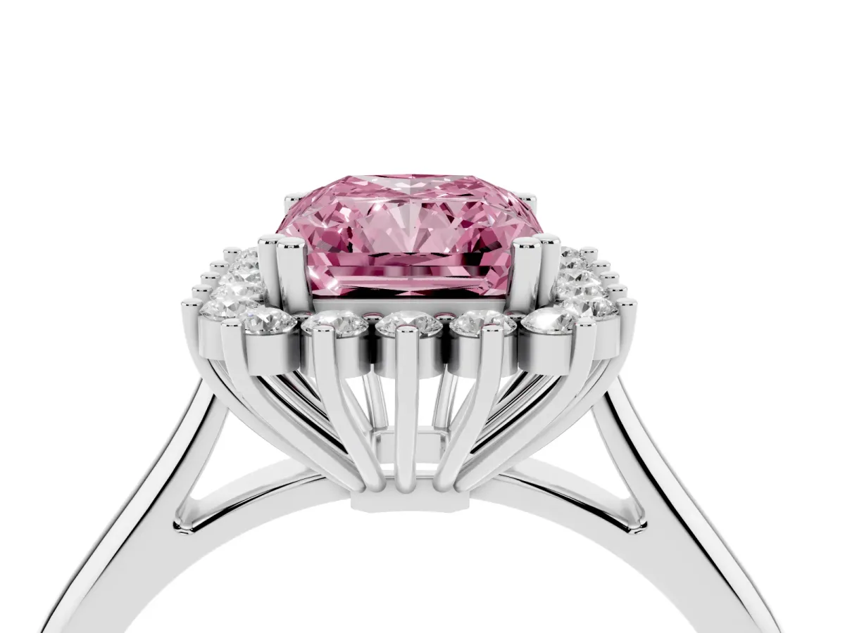 Fancy Pink Radiant Cut Cut Diamond Halo Ring with Solitaire Band and Prong Setting Platinum