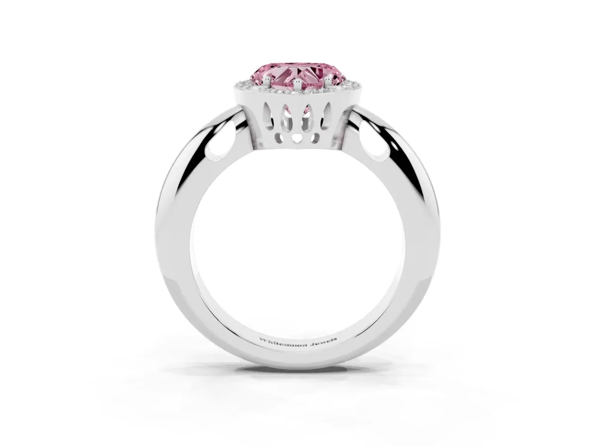 Fancy Pink Heart Cut Cut Diamond Halo Engagement Ring with Split Shank and Four-Prong Setting Platinum