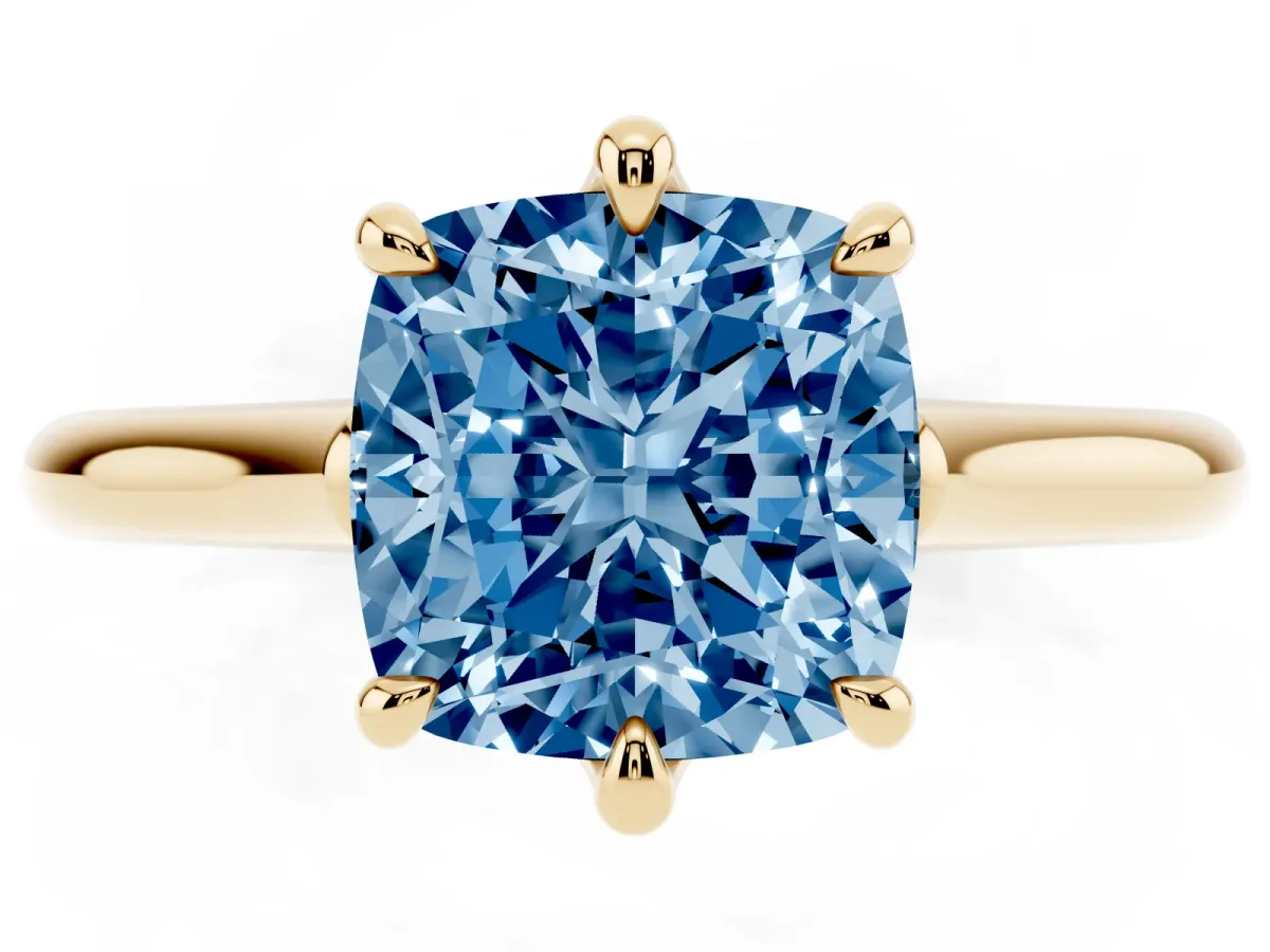Fancy Blue Cushion Cut Solitaire Engagement Ring with Six-Prong Setting and Classic Band Yellow gold