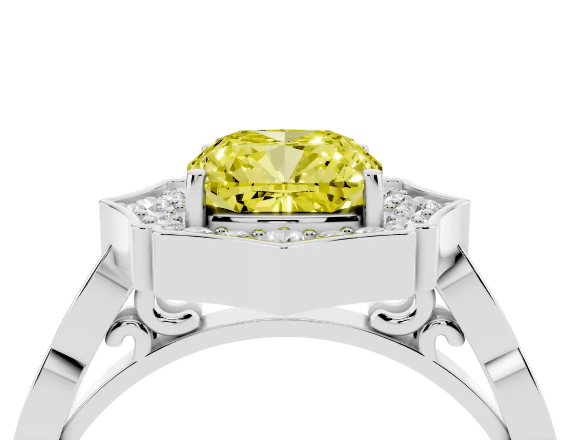 Fancy Yellow Cushion Cut Halo Diamond Engagement Ring with Milgrain Band and Four-Prong Setting Silver