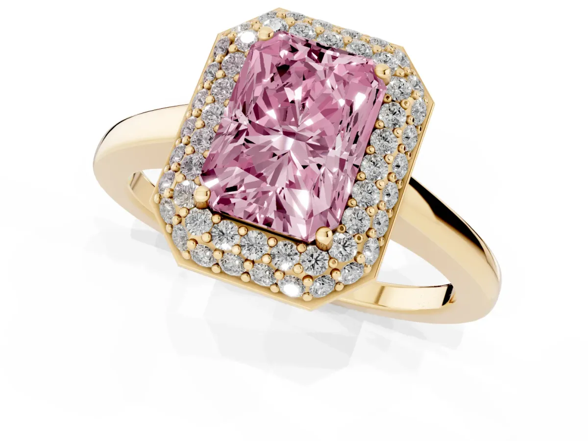 Fancy Pink Radiant Cut Halo Diamond Engagement Ring with Solitaire Band and Four-Prong Setting Yellow gold