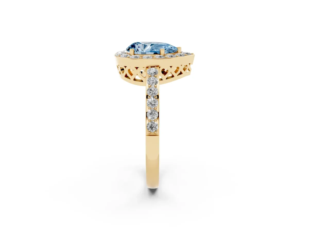 Fancy Blue Pear Cut Halo Diamond Pavé Band Ring with Prong Setting Yellow gold