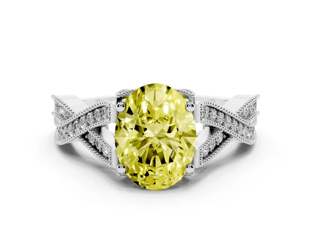 Fancy Yellow Oval Cut Cut Diamond Twisted Band with Milgrain Pave Setting and Four-Prong Setting Silver