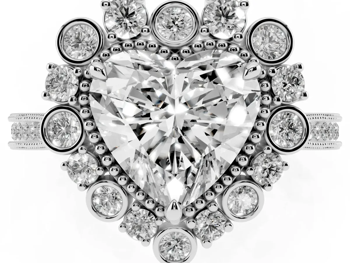 Heart Cut Halo Milgrain Pave Diamond Ring with Four-Prong Setting Silver