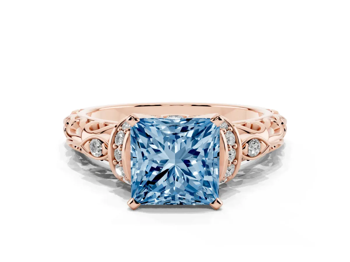 Fancy Blue Princess Cut Diamond Solitaire Ring with Filigree Band and Four-Prong Setting Rose gold