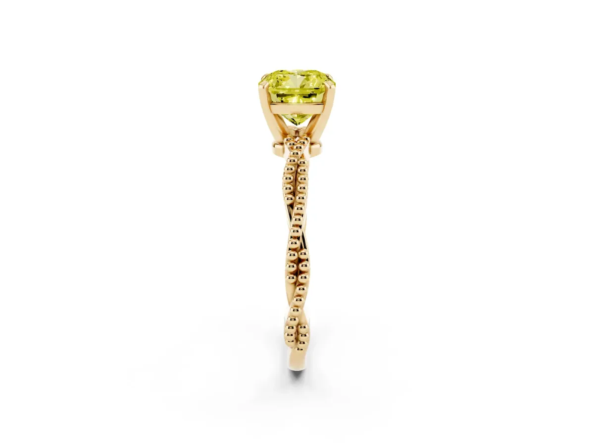 Fancy Yellow Cushion Cut Solitaire Twisted Band with Bead Prong Setting Yellow gold