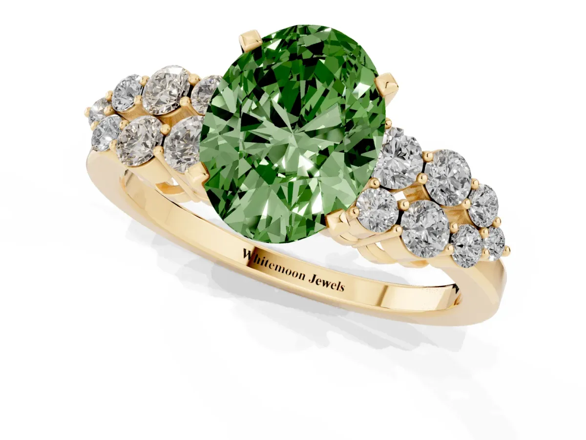 Fancy Green Oval Cut Cluster Diamond Engagement Ring with Pavé Band and Four-Prong Setting Yellow gold