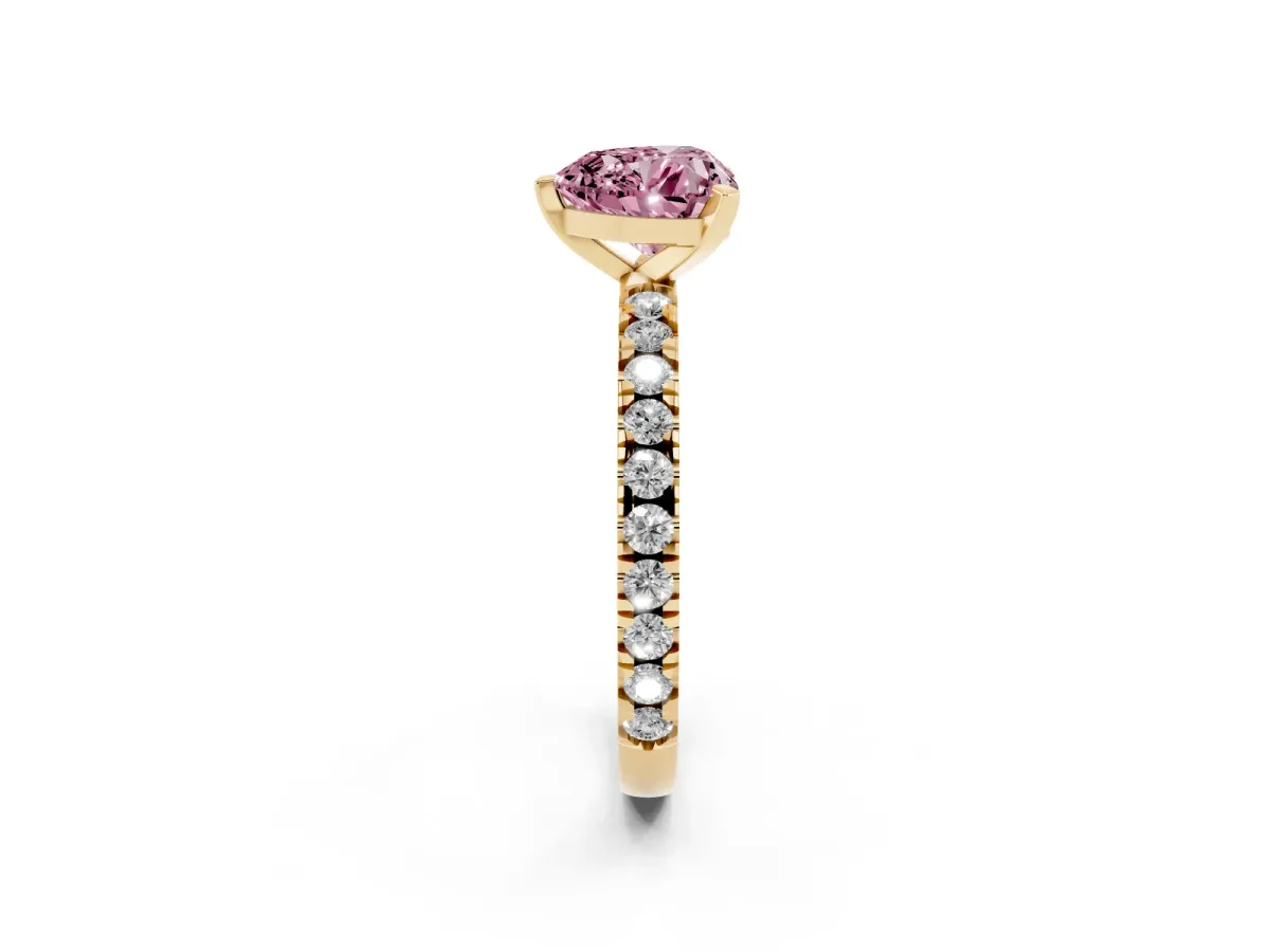 Fancy Pink Heart Cut Diamond Pavé Band Solitaire with Four-Prong Setting Yellow gold