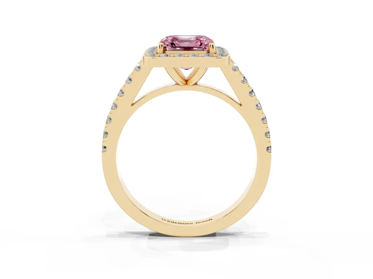 Fancy Pink Asscher Cut Diamond Halo Ring with Round Pavé Split Shank and Prong Setting Yellow gold