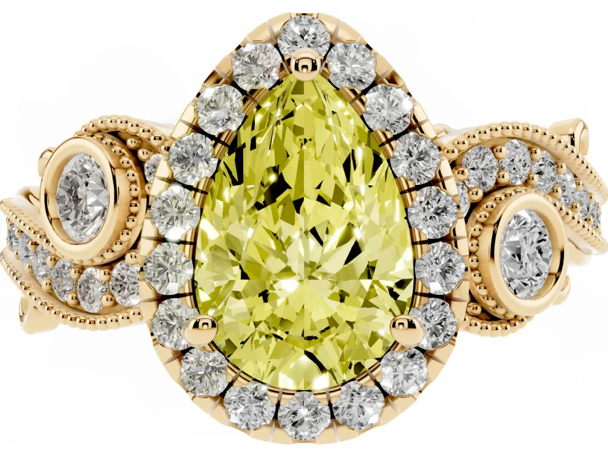 Fancy Yellow Pear Cut Halo Diamond Ring with Milgrain and Bezel Accents on a Split Shank Band Yellow gold