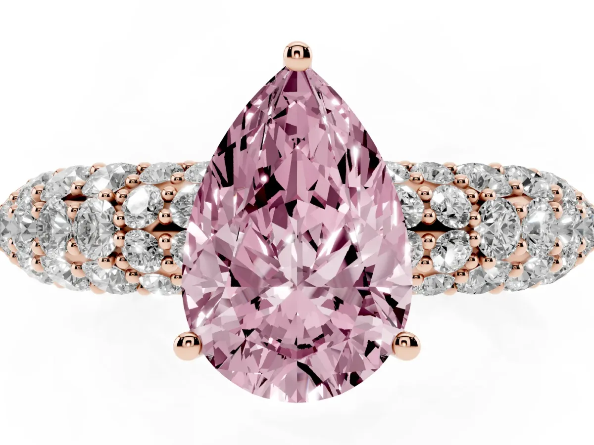 Fancy Pink Pear Cut Diamond Pavé Band Solitaire Ring with Four-Prong Setting Rose gold