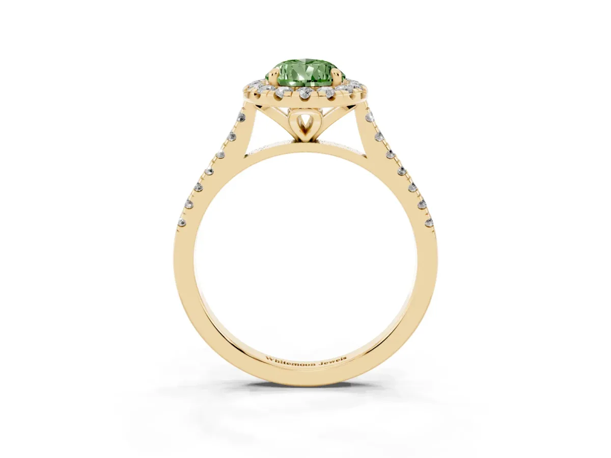 Fancy Green Pear Cut Diamond Cushion Halo Ring with Pavé Band Yellow gold