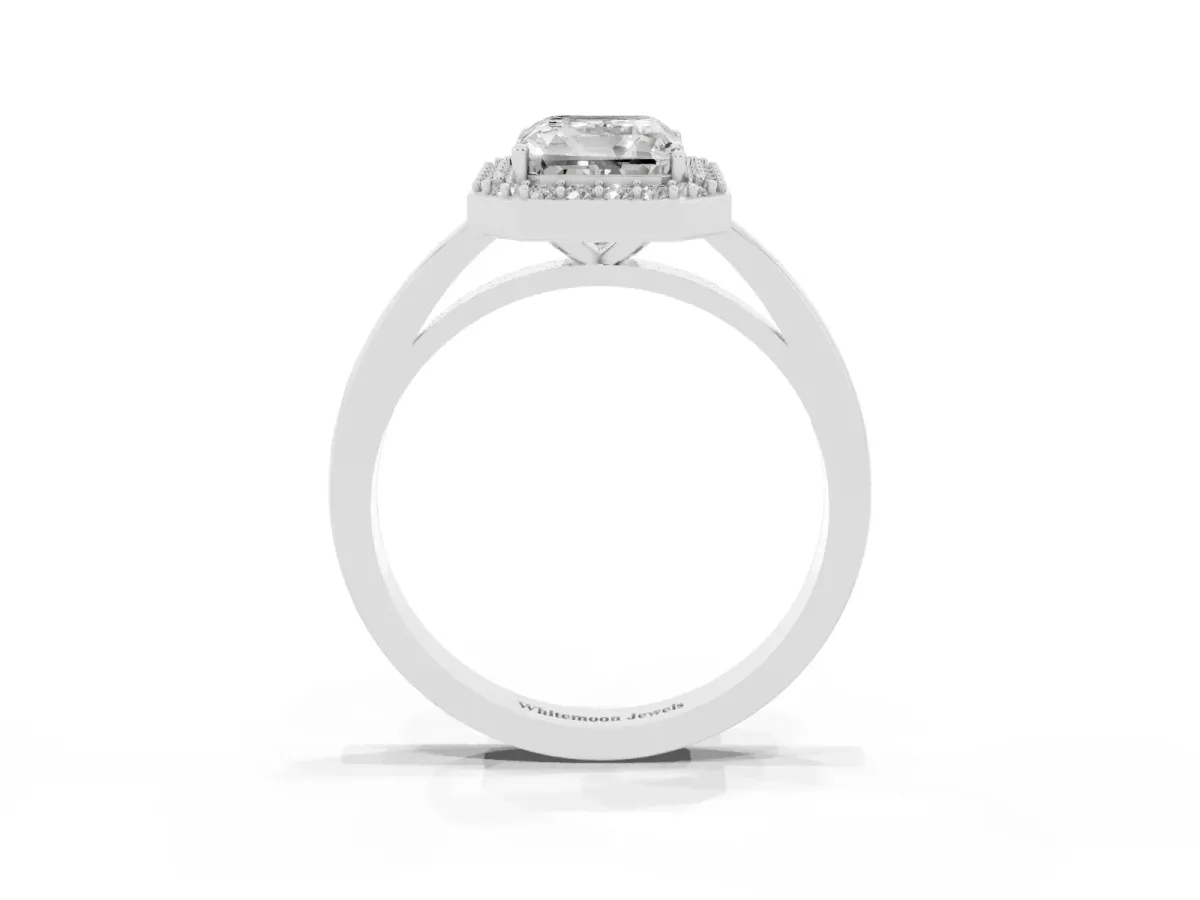 Radiant Cut Halo Diamond Ring with Solitaire Band and Prong Setting Silver