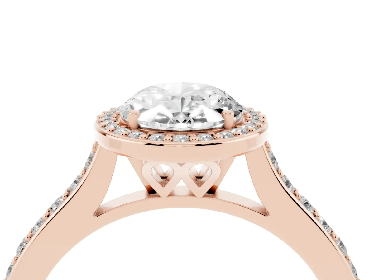 Oval Cut Diamond Halo Engagement Ring with Round Pavé Shoulders and Prong Setting Rose gold