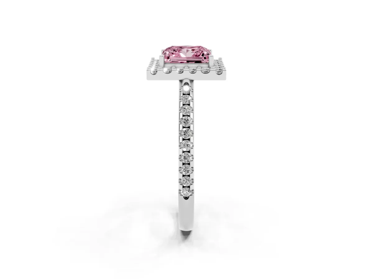 Fancy Pink Princess Cut Diamond Pavé Halo Ring with Four-Prong Setting Silver