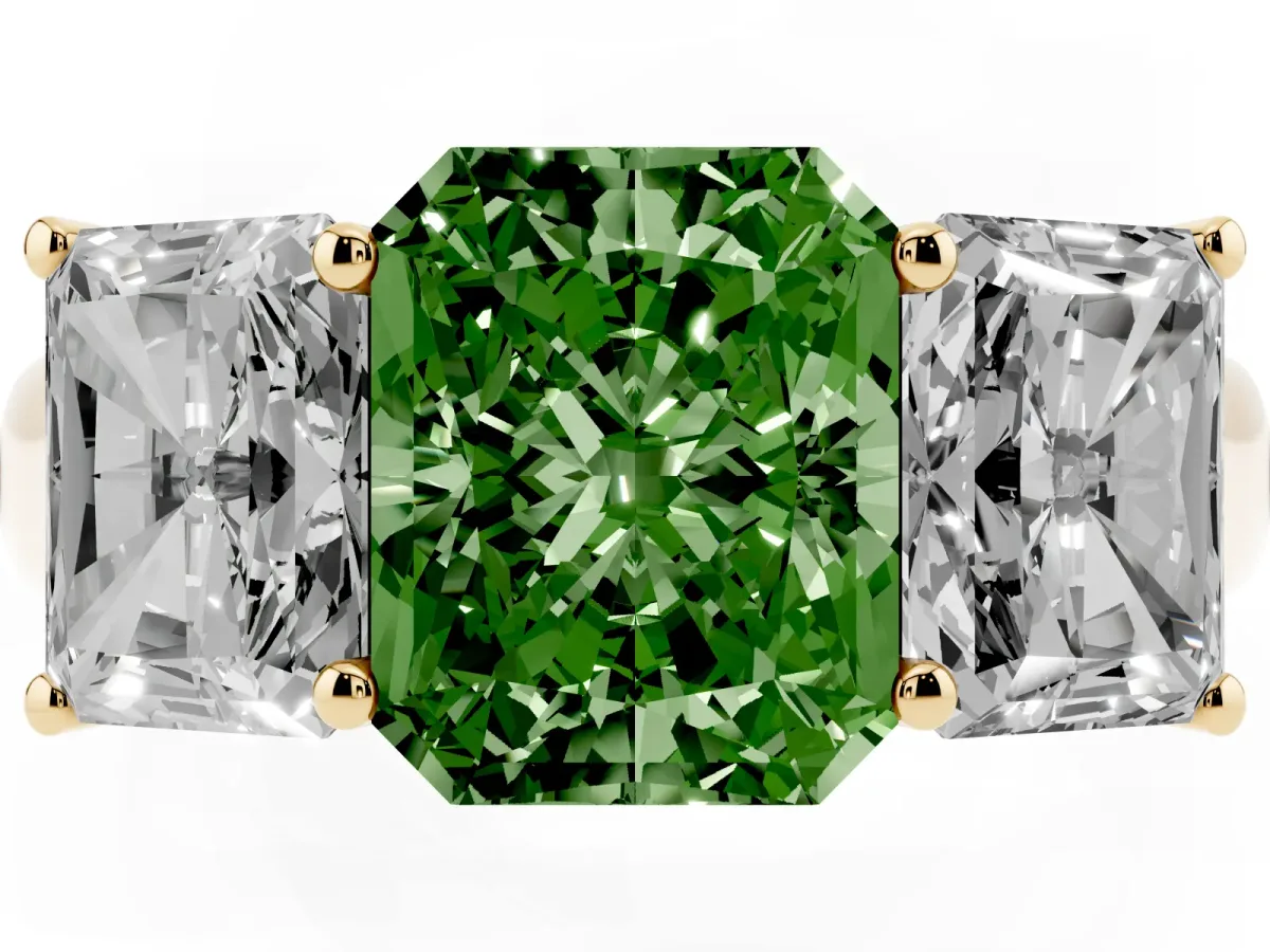 Fancy Green Radiant Cut Three-Stone Diamond Ring with Prong Setting on a Classic Band Yellow gold