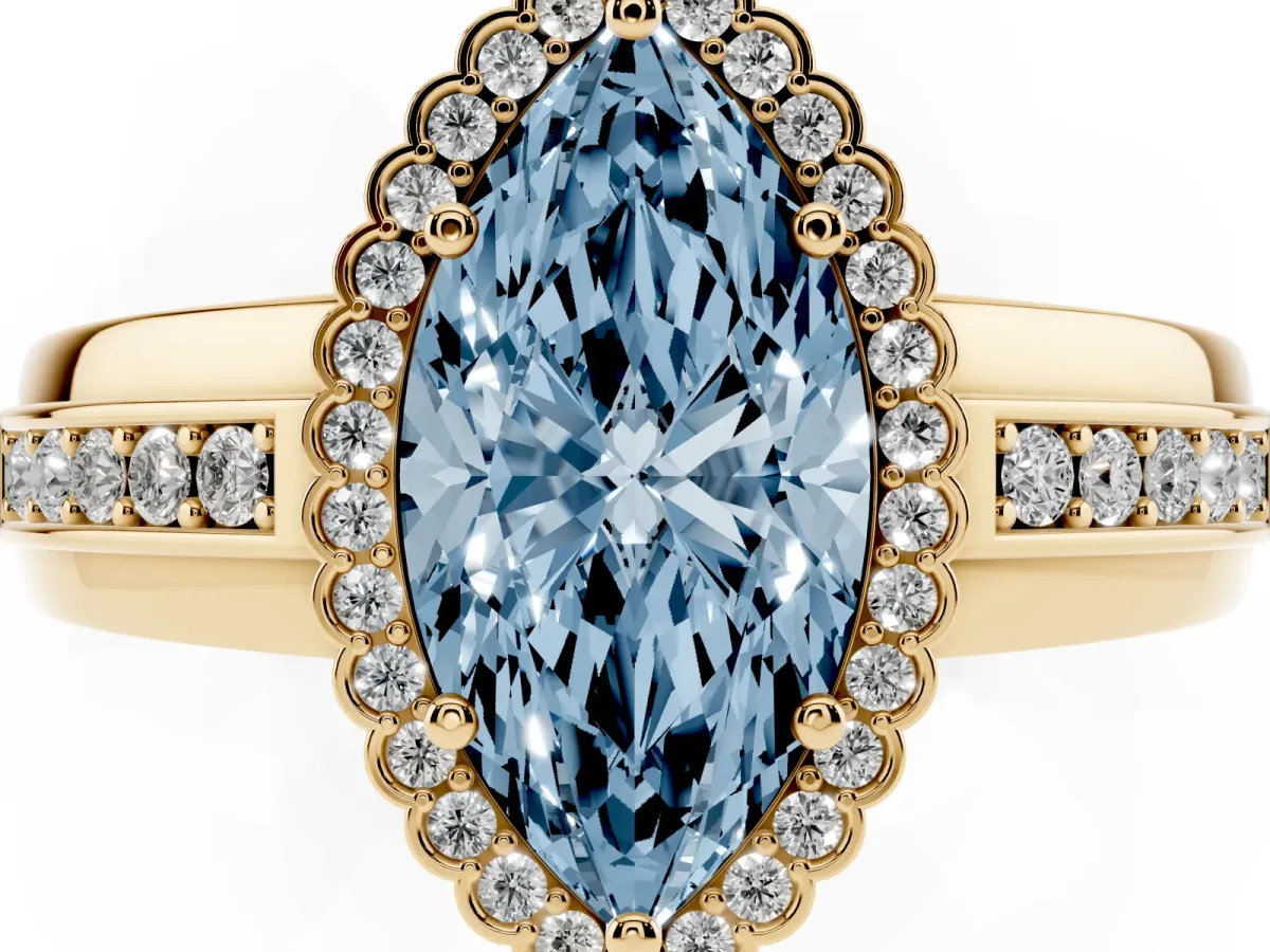Fancy Blue Marquise Cut Cut Halo Pave Band Four-Prong Ring Yellow gold