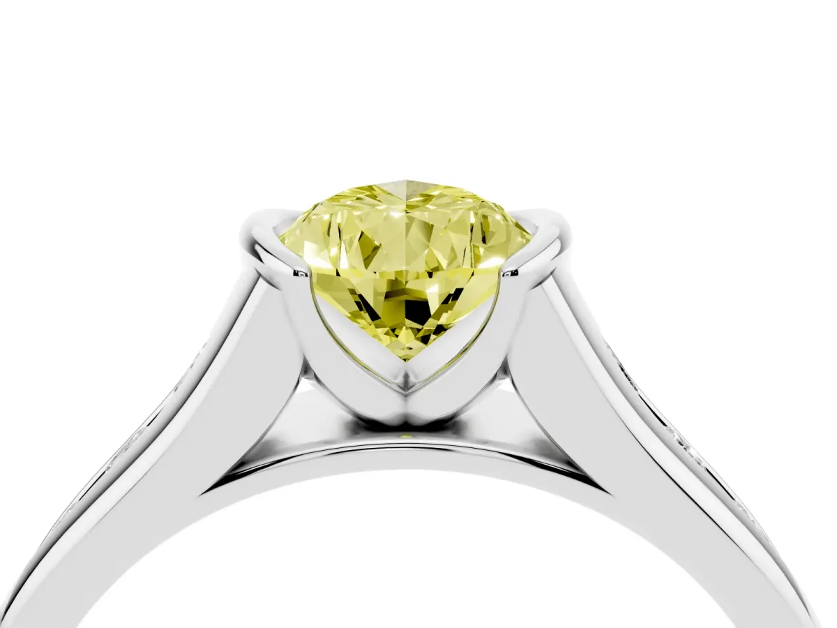Fancy Yellow Pear Cut Solitaire Bezel-Set Diamond Ring with Channel-Set Band Silver